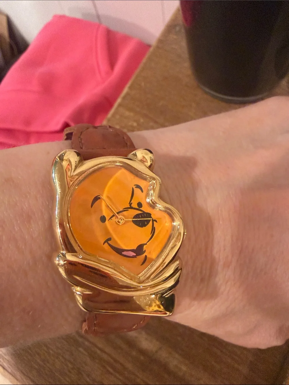 Timex Gold-Tone Winnie the Pooh Watch with Orange Dial and Brown Strap